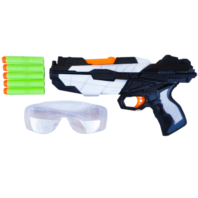 Pistol de jucarie cu ochelari de protectie, sageti din burete si raza lunga de actiune